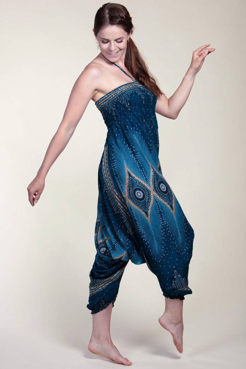 Diamond Peacock Turquoise Artisan Jumpsuit Harem Pants