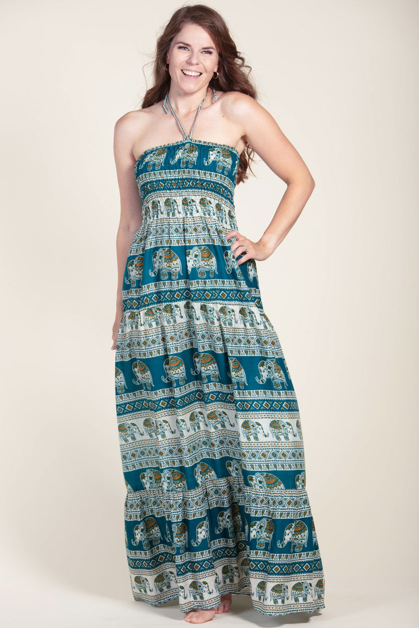 elephant maxi dress Aztec Elephant Teal Artisan Bandeau Maxi Dress