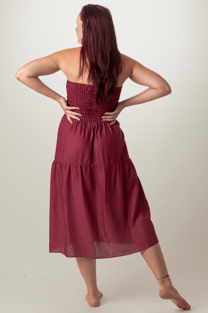 Boho Burgundy Artisan Bandeau Midi Dress