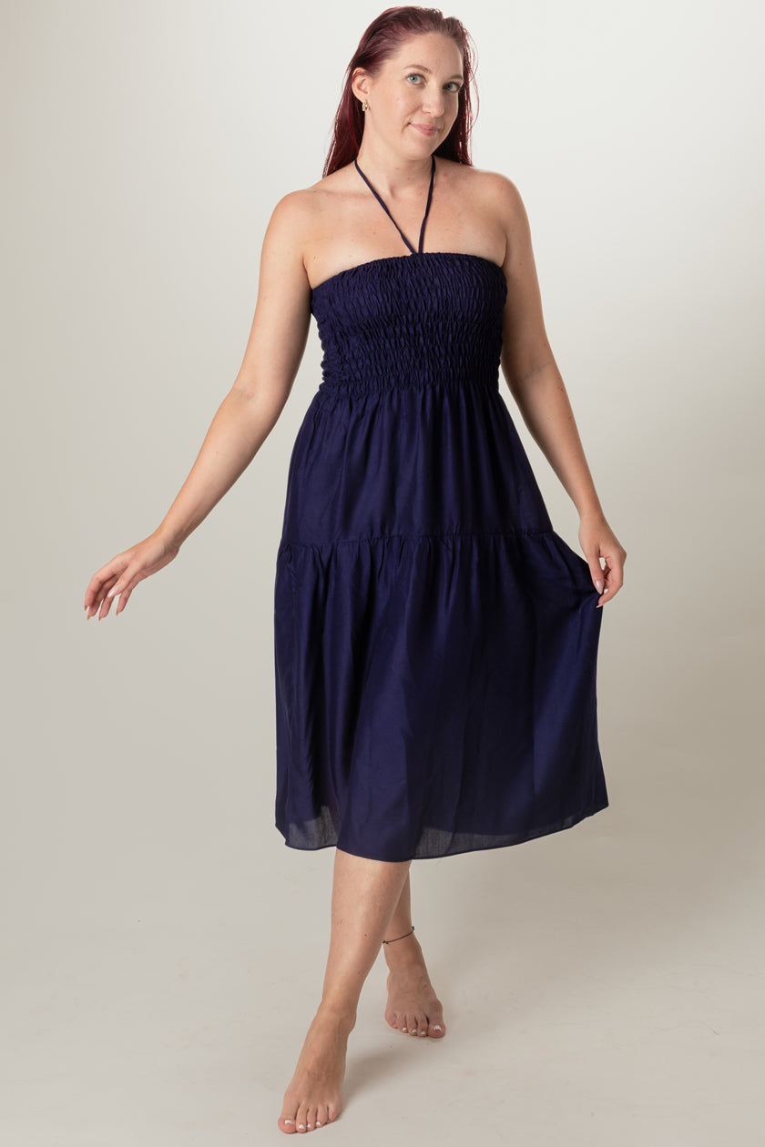 artisanal blue midi dress Handmade Blue Chiffon Midi Dress – Vintage Fit and Flare Summer Dress
