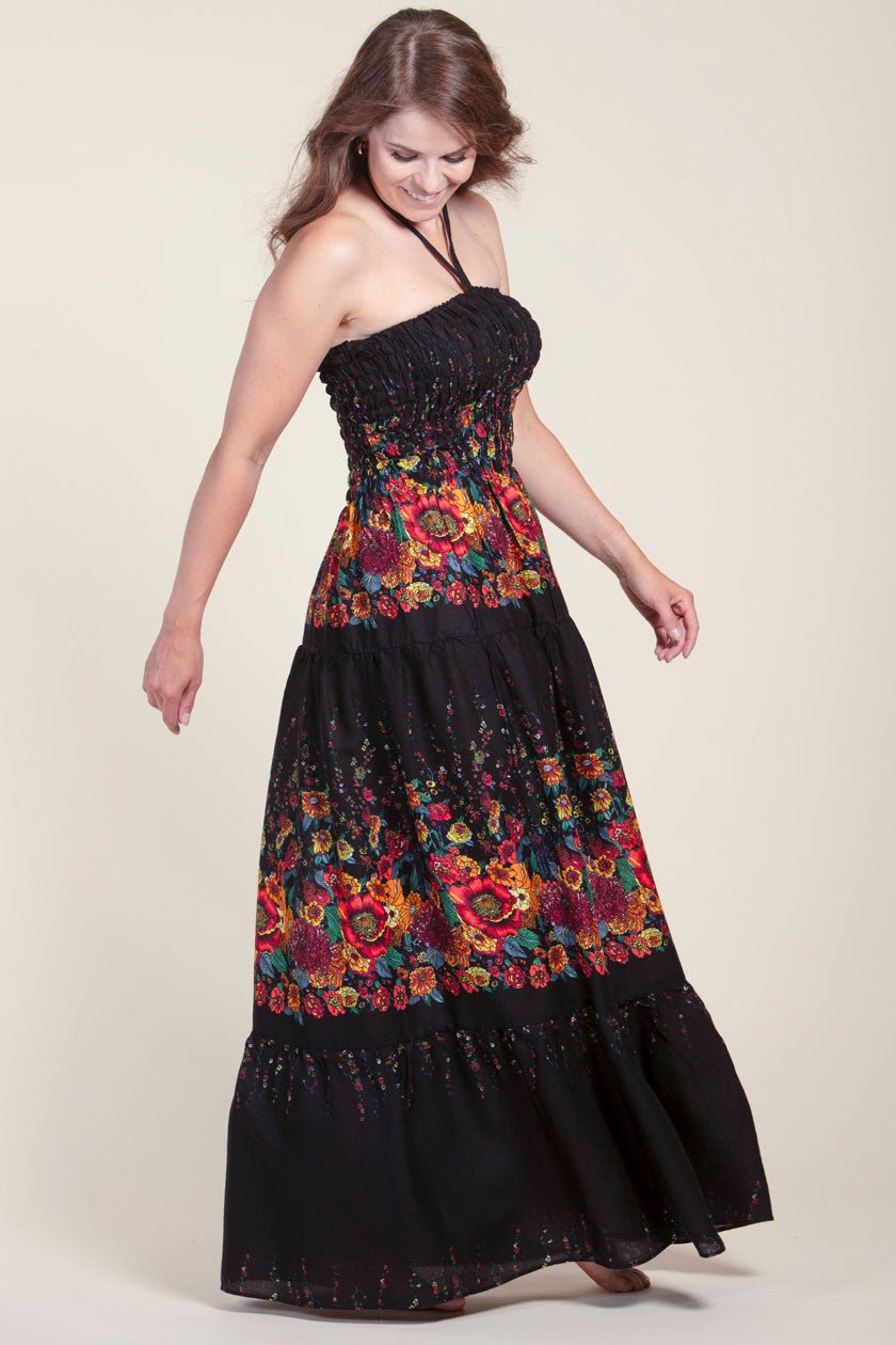 Floral Black Artisan Bandeau Maxi Dress