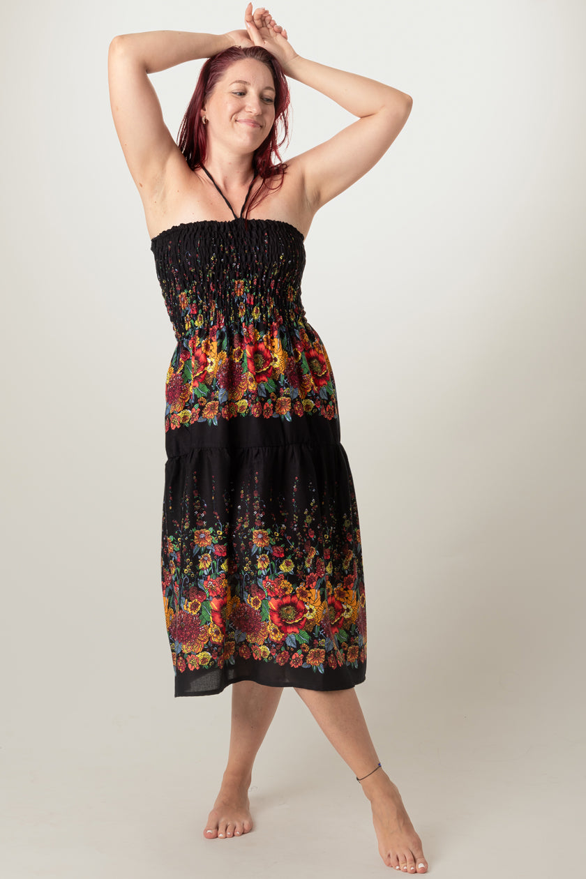 Floral Black Artisan Bandeau Midi Dress