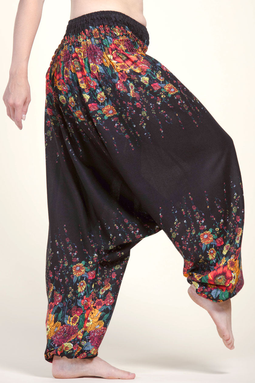 Floral Black Artisan Low Cut Harem Pants