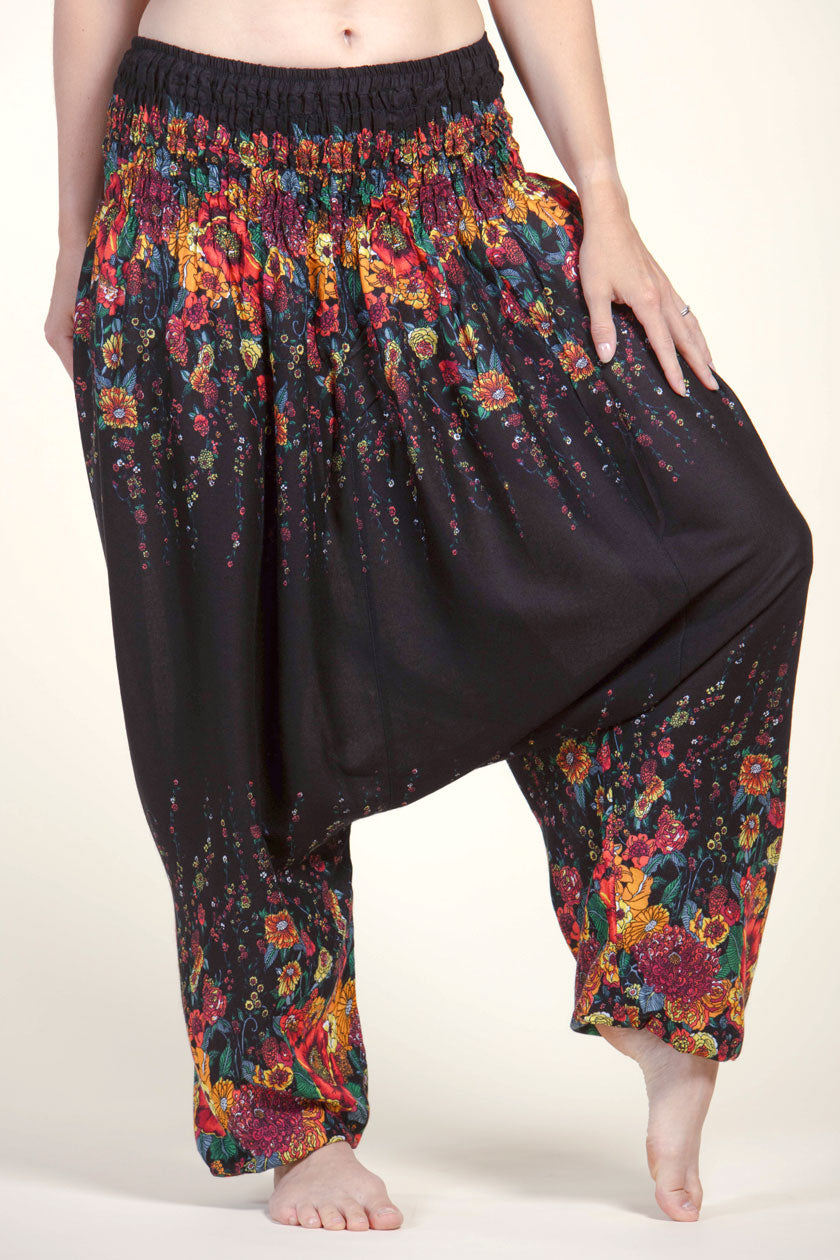 Floral Black Artisan Low Cut Harem Pants
