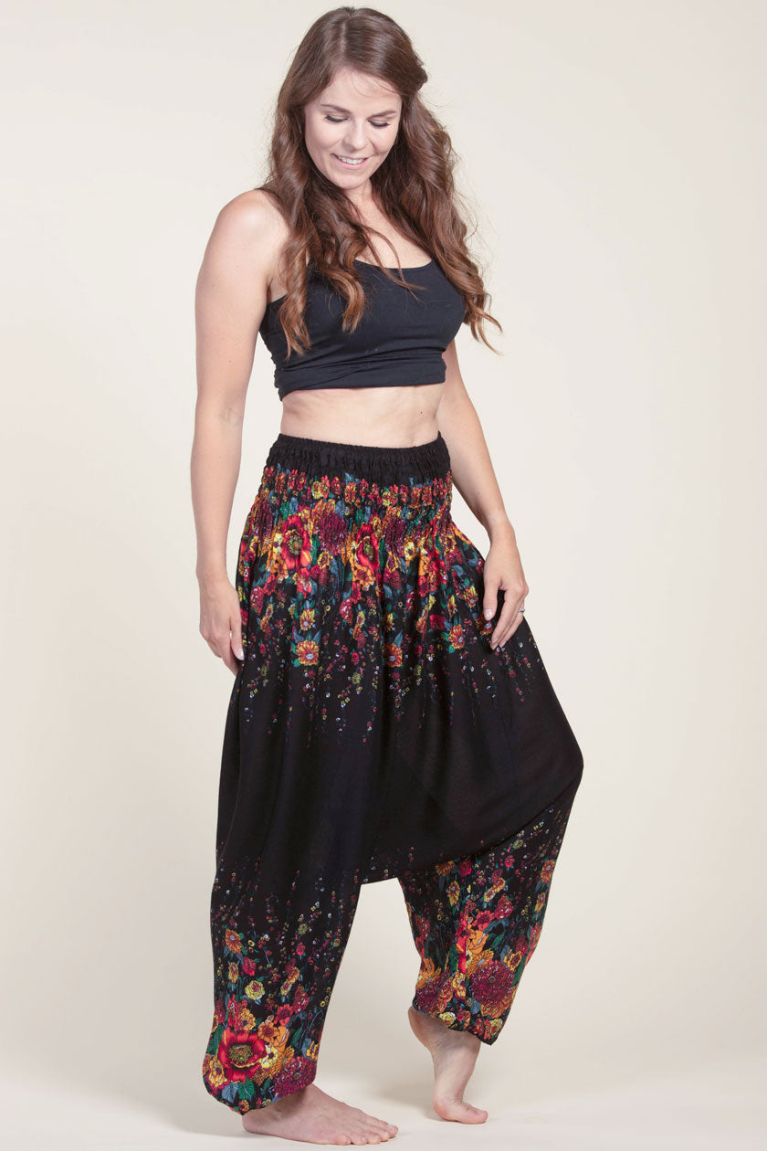 Floral Black Artisan Low Cut Harem Pants