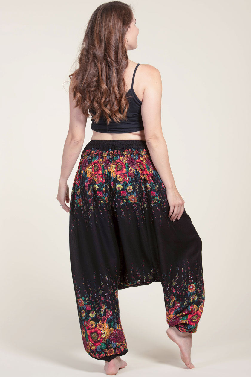 Floral Black Artisan Low Cut Harem Pants