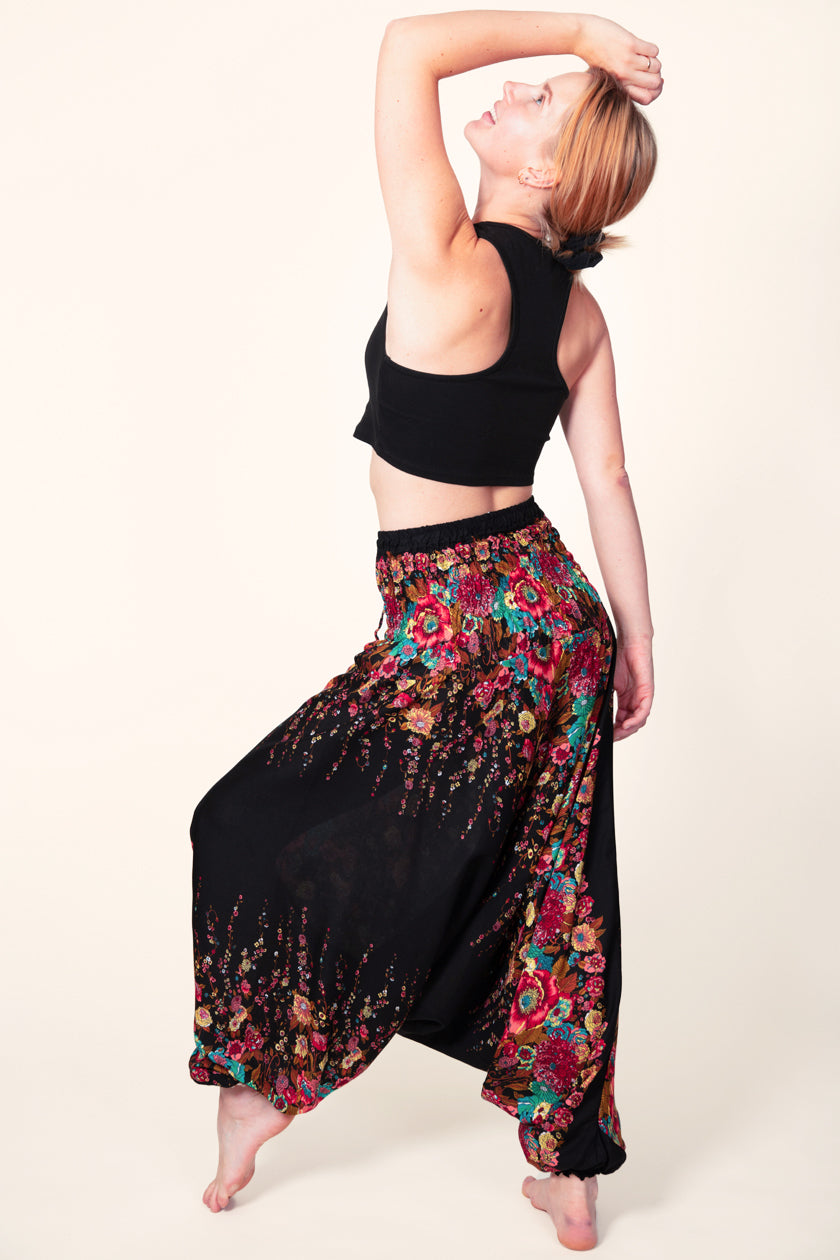 Floral Black Artisan Jumpsuit Harem Pants