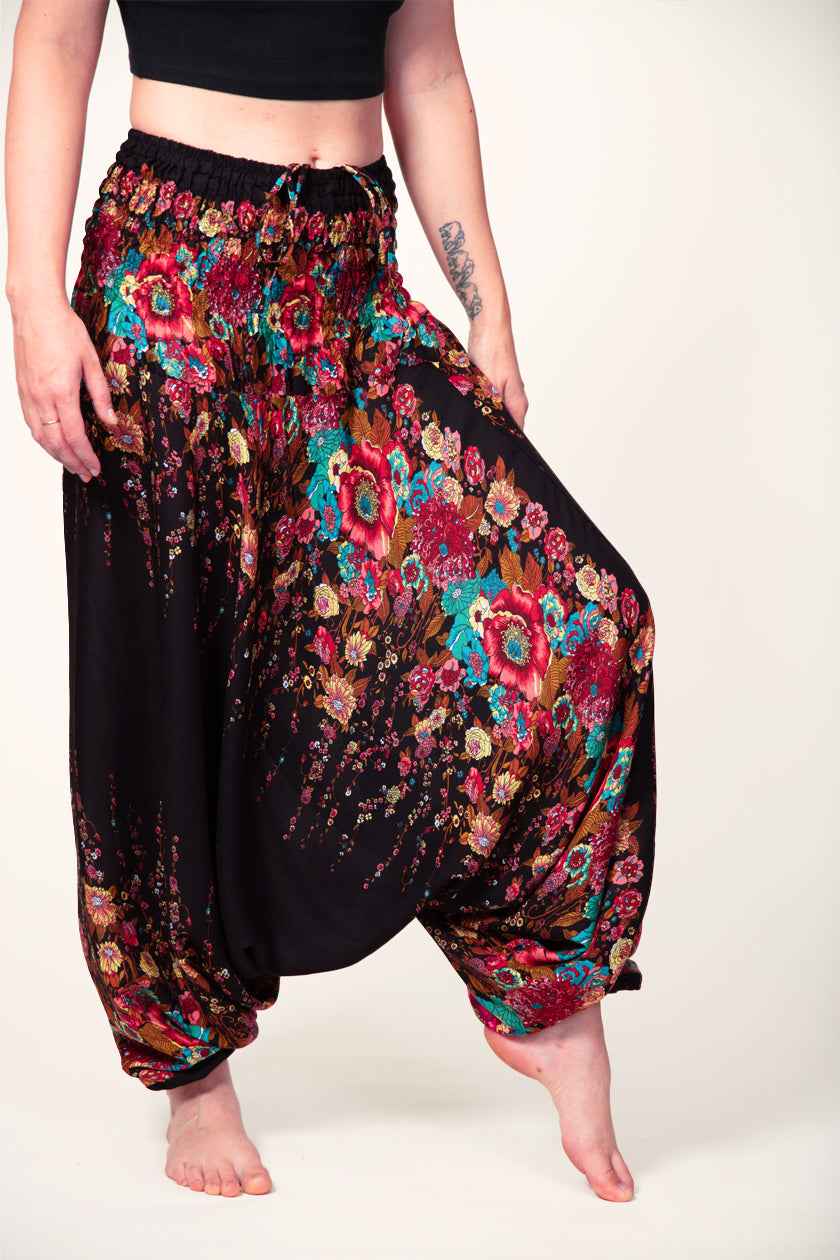 Floral Black Artisan Jumpsuit Harem Pants