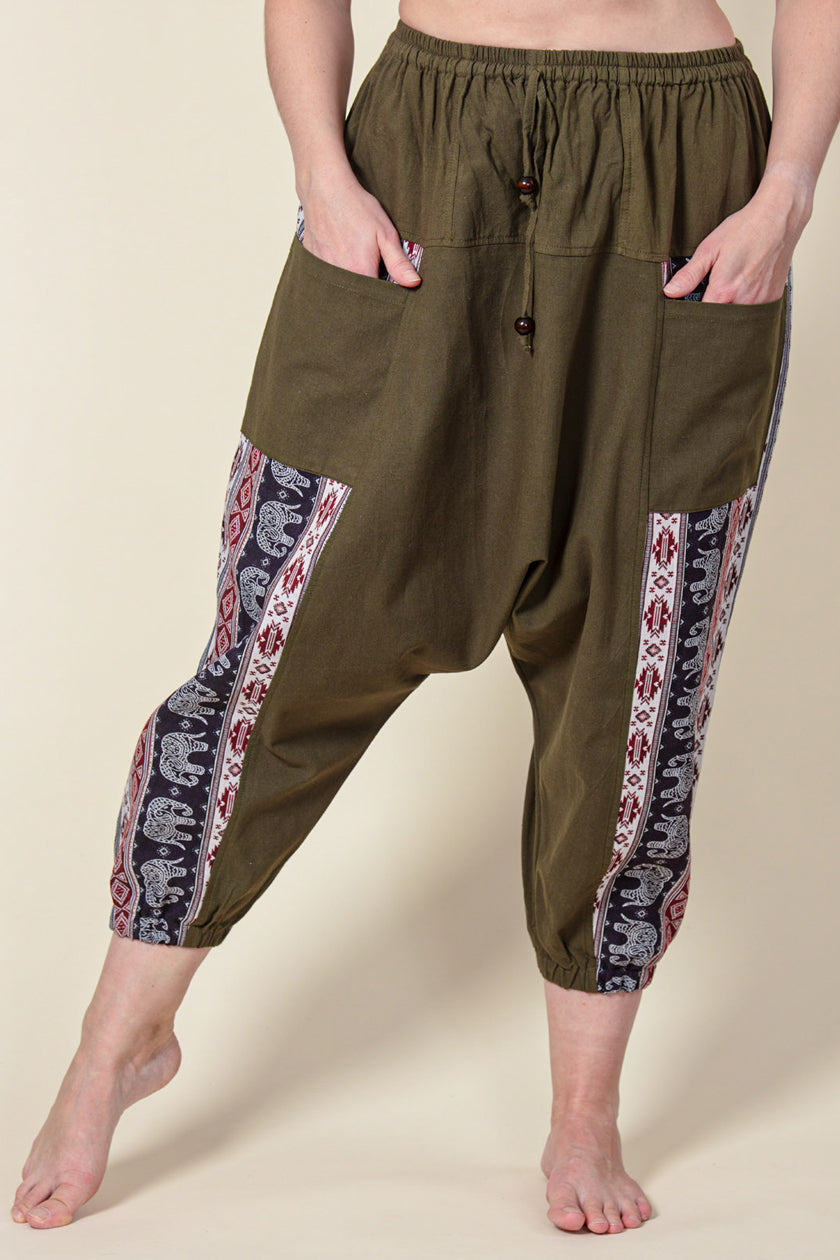 Aztec Elephant Olive Medium Low Cut Harem Pants
