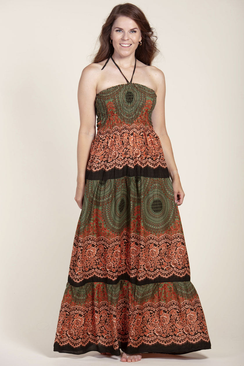 Mandala Olive Artisan Bandeau Maxi Dress