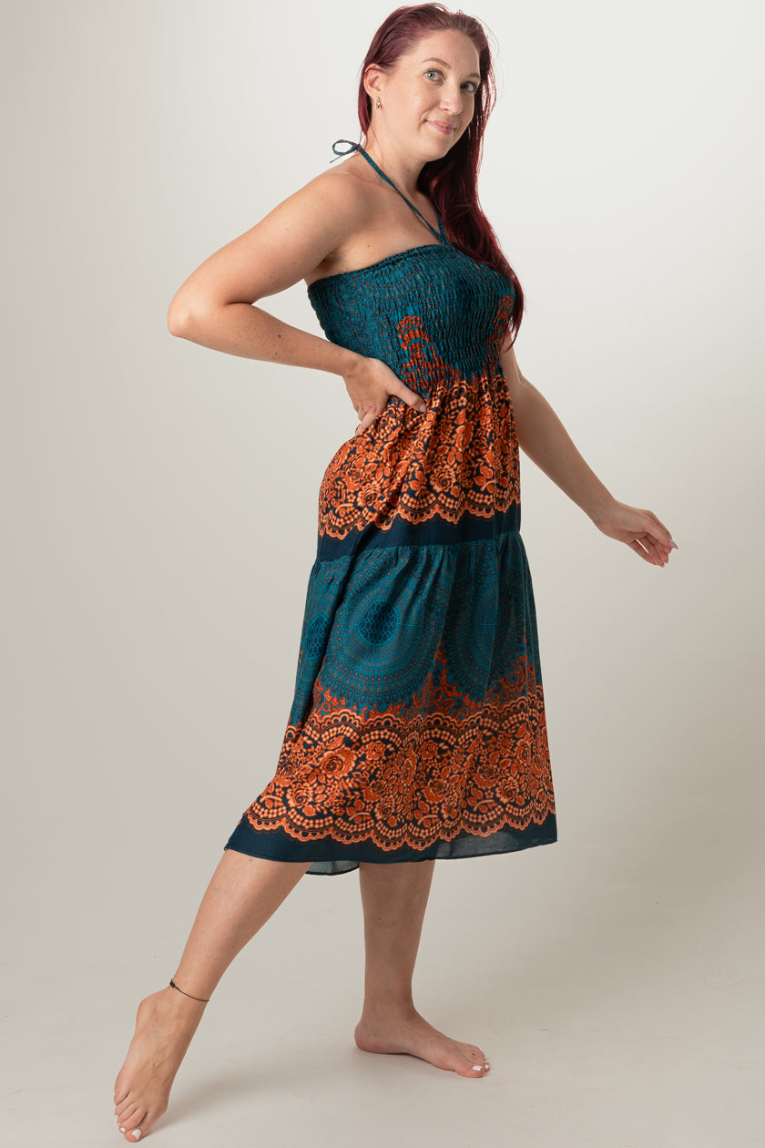 Mandala Teal Artisan Bandeau Midi Dress
