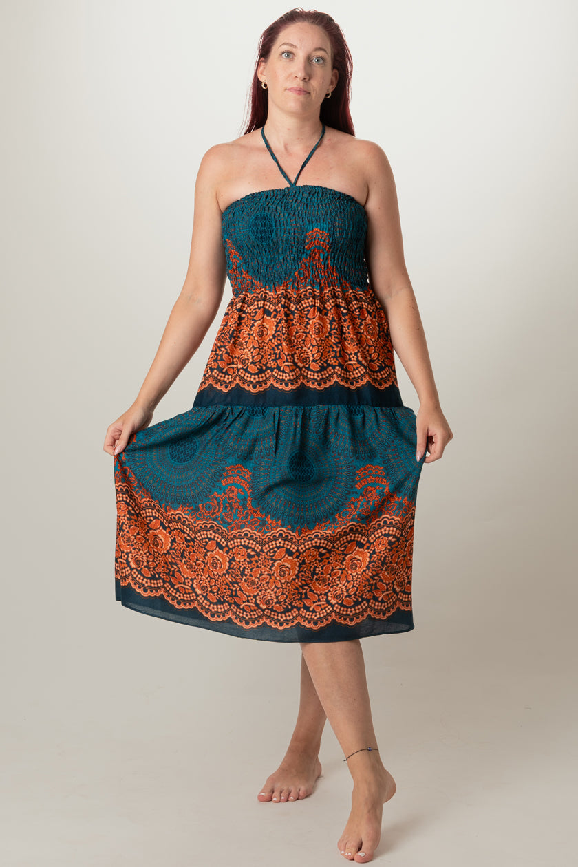 Mandala Teal Artisan Bandeau Midi Dress
