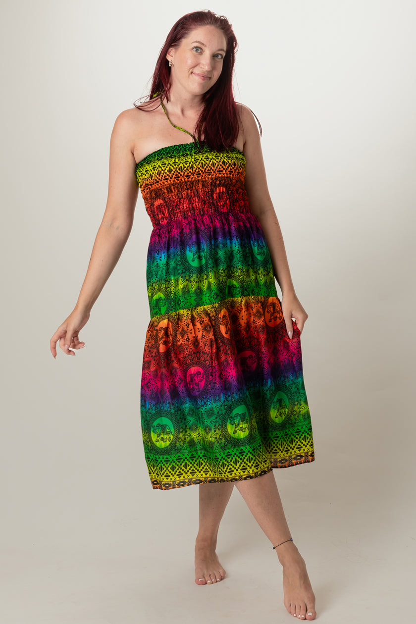 Rainbow Elephant Artisan Bandeau Midi Dress