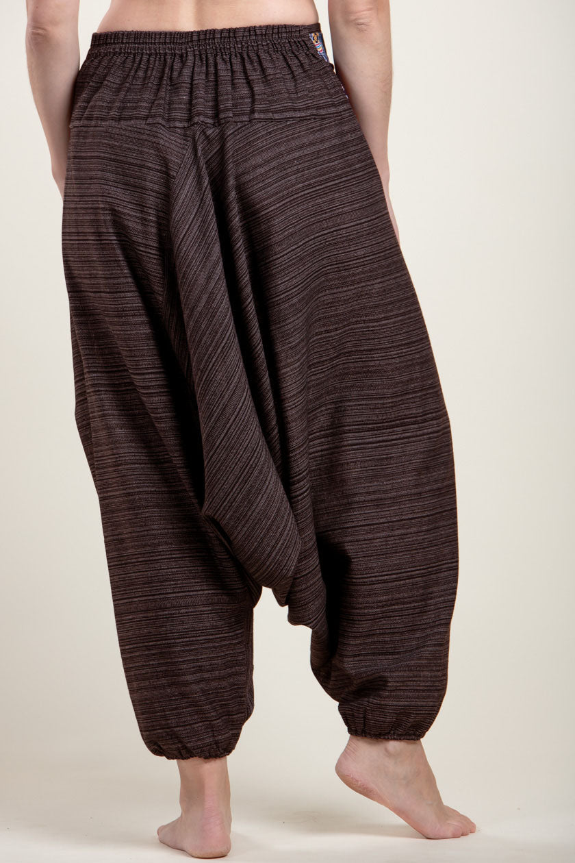 Pinstripe Elephant Brown Hill Tribe Artisan Low Cut Harem Pants