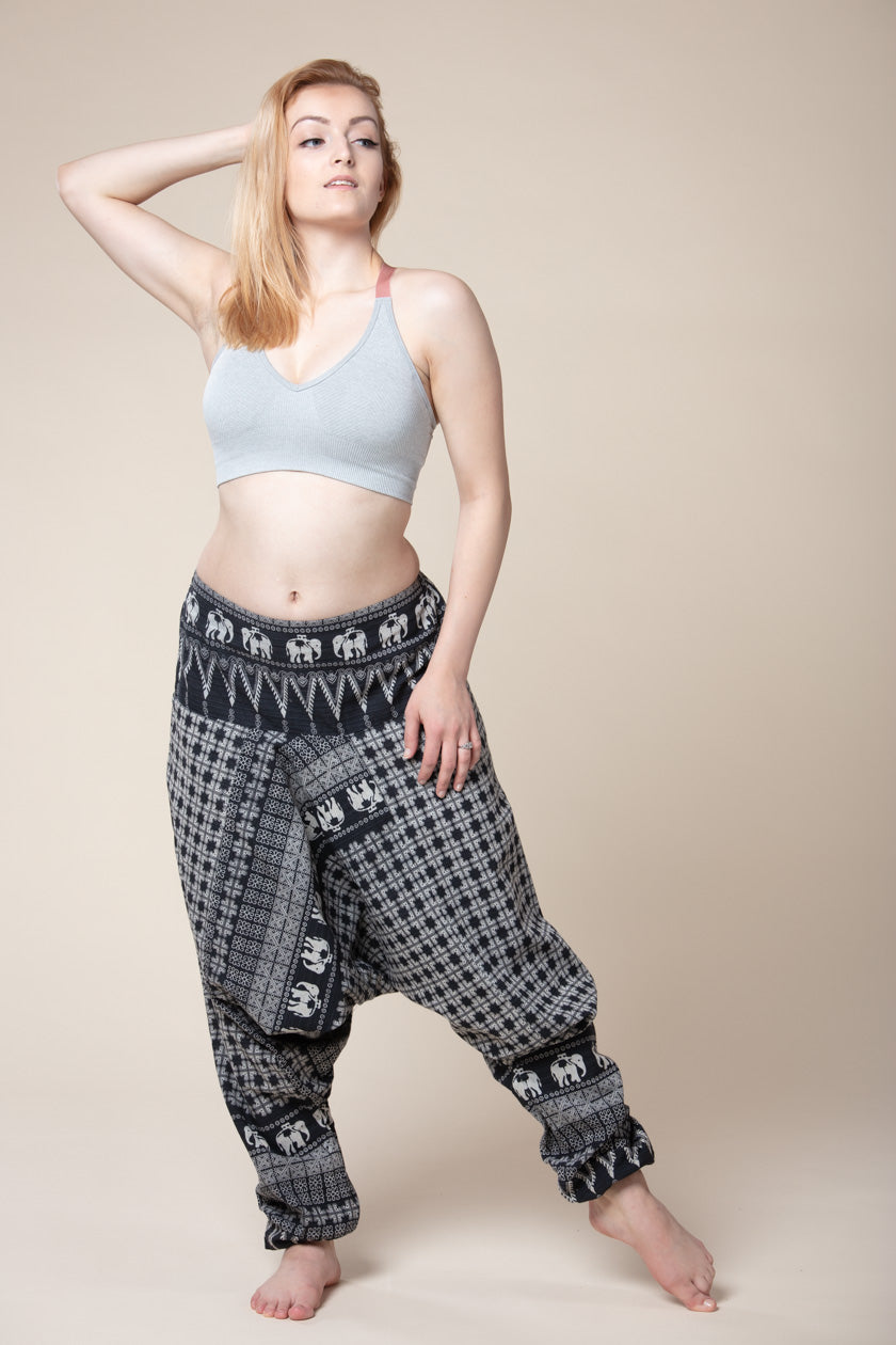 Elephant Gray Hill Tribe Artisan Low Cut Harem Pants