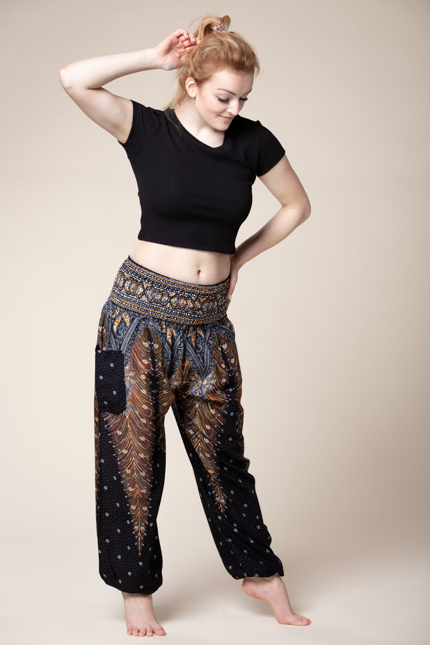 Peacock Feather Black Artisan Harem Pants