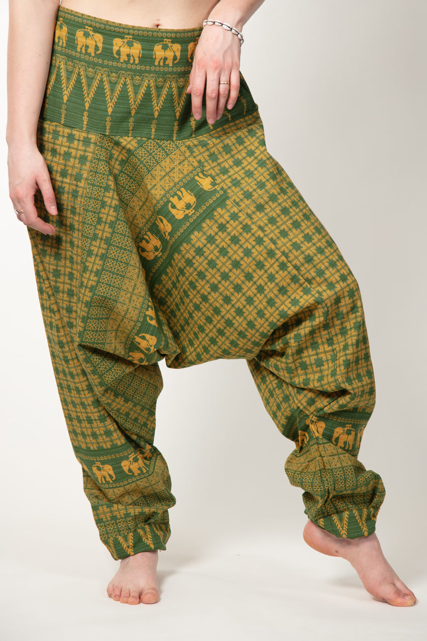 Elephant Green Yellow Hill Tribe Artisan Low Cut Harem Pants