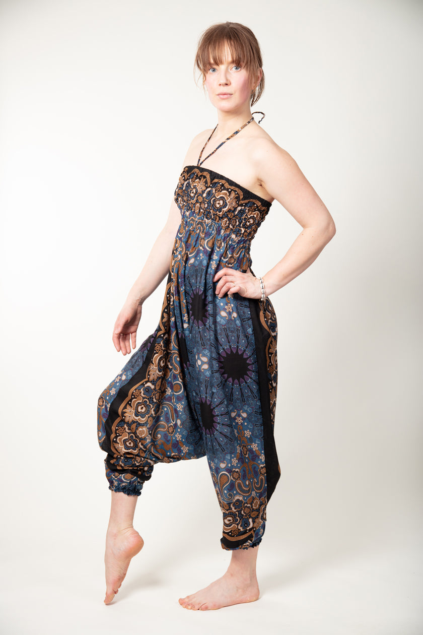 Paisley Mandala Navy Bronze Artisan Jumpsuit Harem Pants