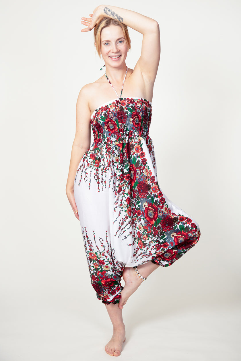 Floral White Artisan Jumpsuit Harem Pants