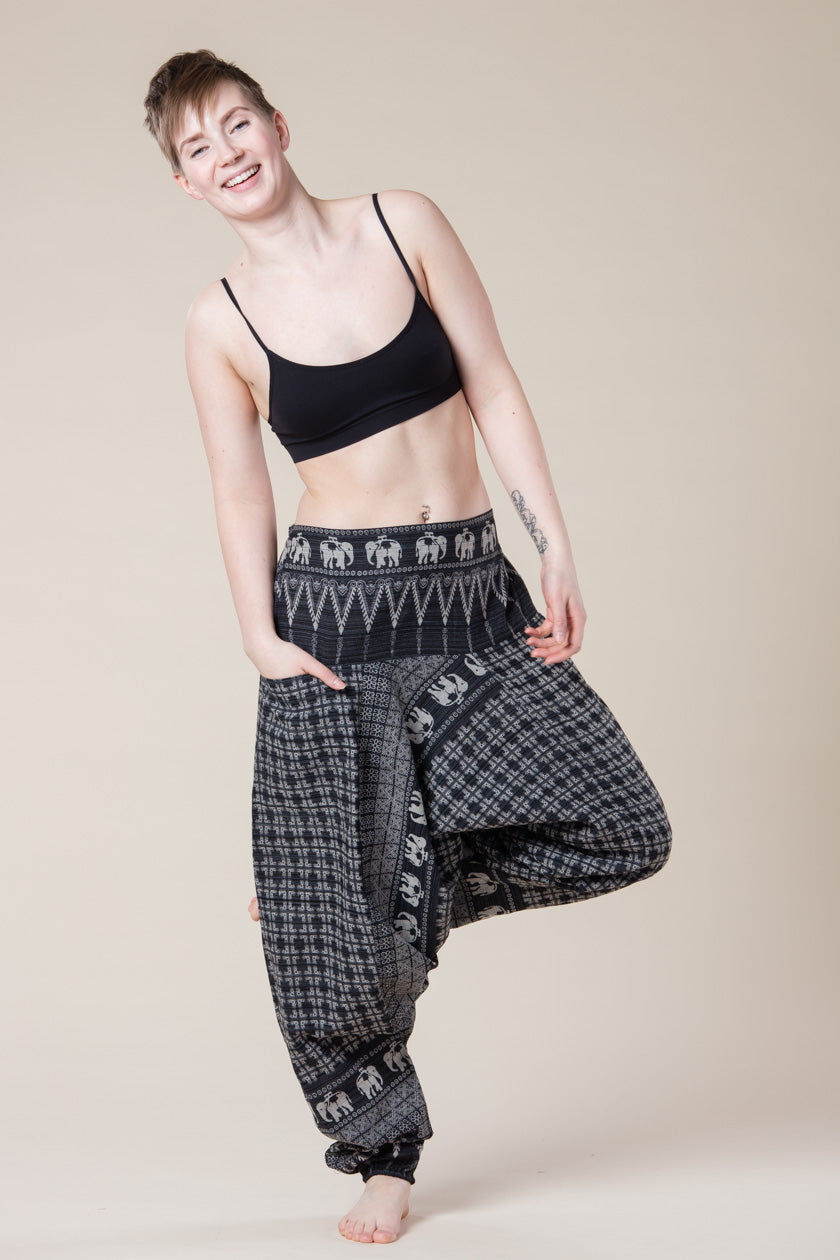 Elephant Gray Hill Tribe Artisan Low Cut Harem Pants