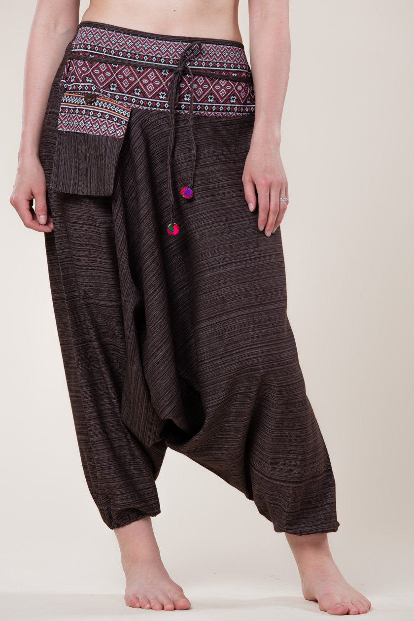 Pinstripe Brown Hill Tribe Artisan Low Cut Harem Pants