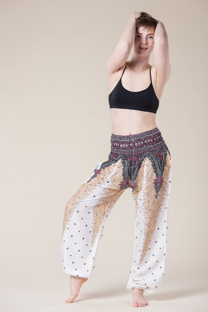 Peacock Feather White Artisan Harem Pants