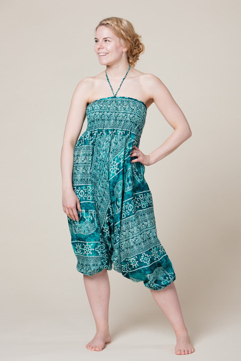 Teal Marble Elephants Artisan Jumpsuit Harem pants