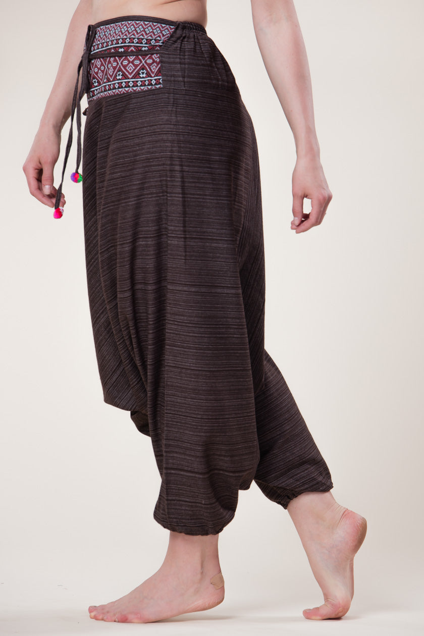 Pinstripe Brown Hill Tribe Artisan Low Cut Harem Pants