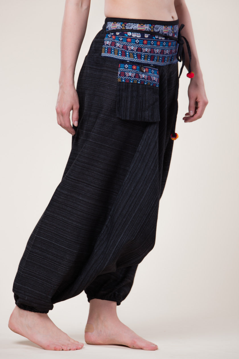 Pinstripe Elephant Black Hill Tribe Artisan Low Cut Harem Pants