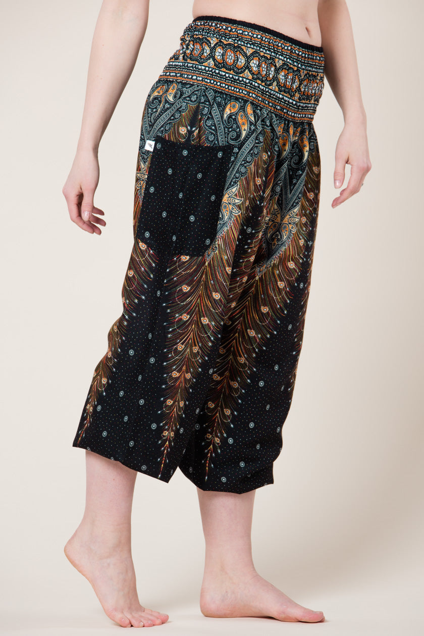 Peacock Feather Black Artisan Harem Pants