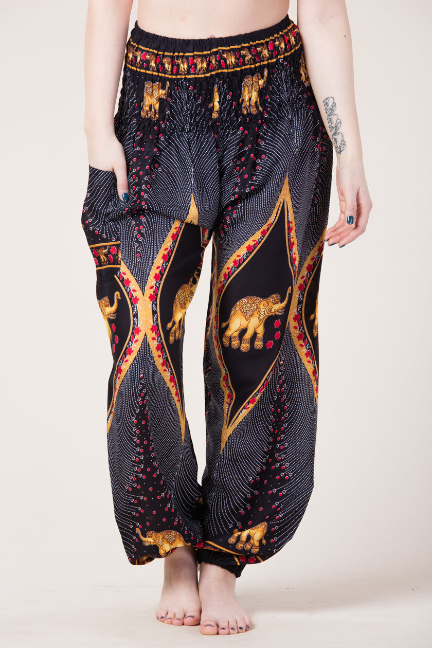 Peacock Elephant Black Artisan Harem Pants