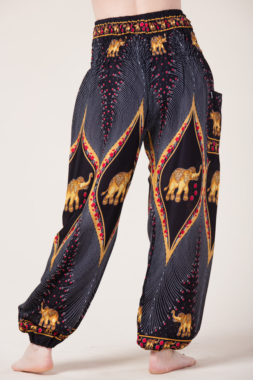 Peacock Elephant Black Artisan Harem Pants