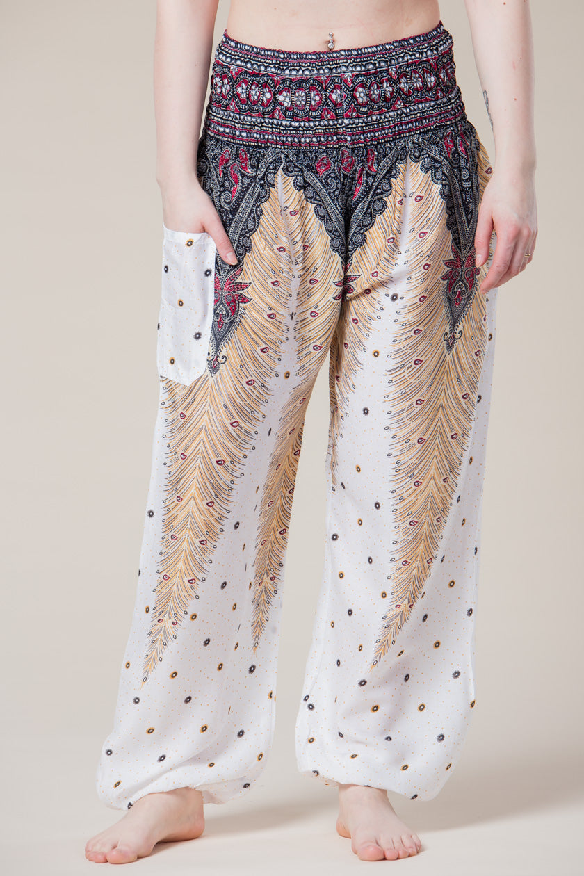 Peacock Feather White Artisan Harem Pants