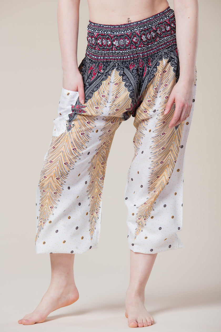 Peacock Feather White Artisan Harem Pants