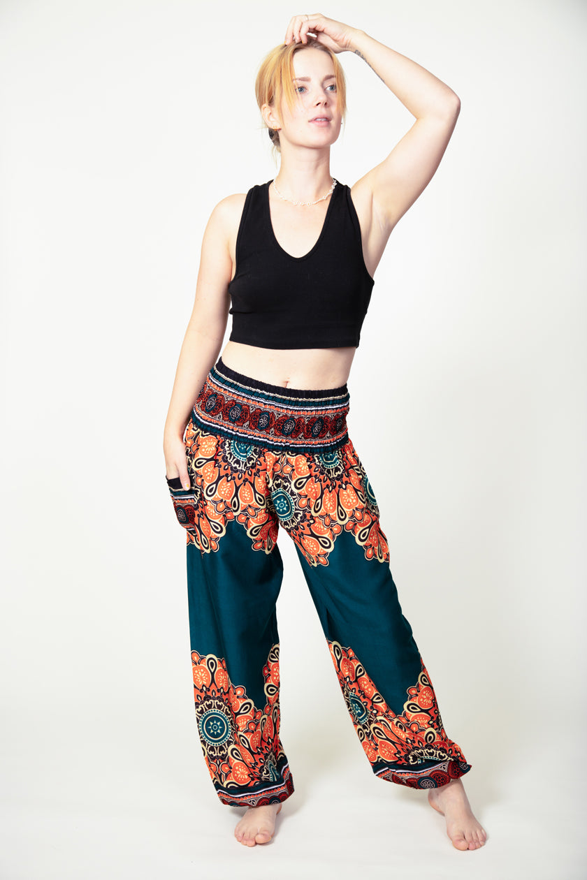 Peony Mandala Teal Artisan Harem Pants