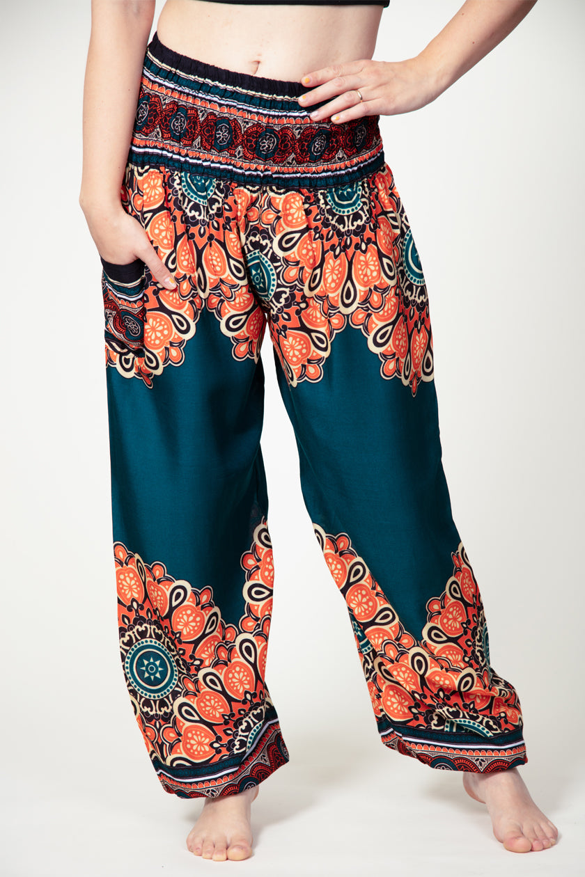 Peony Mandala Teal Artisan Harem Pants