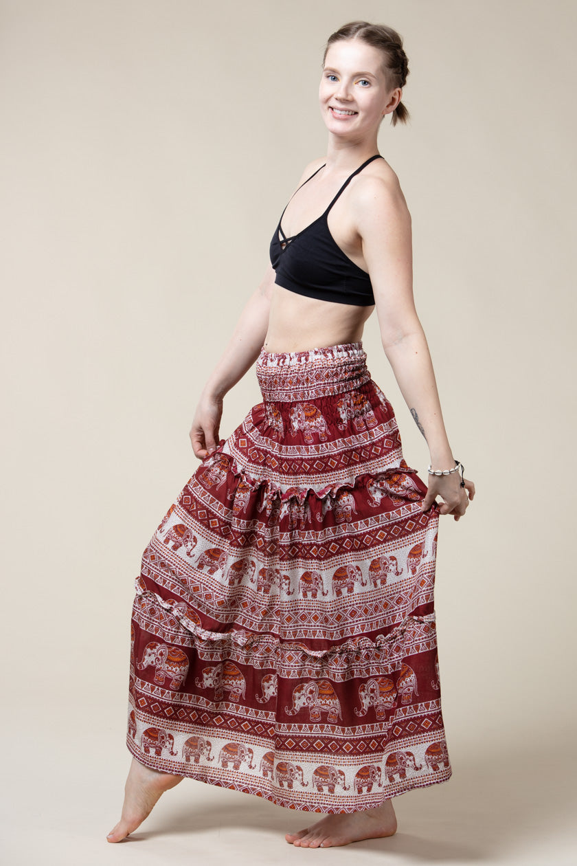 Aztec Elephant Red Artisan Maxi Skirt