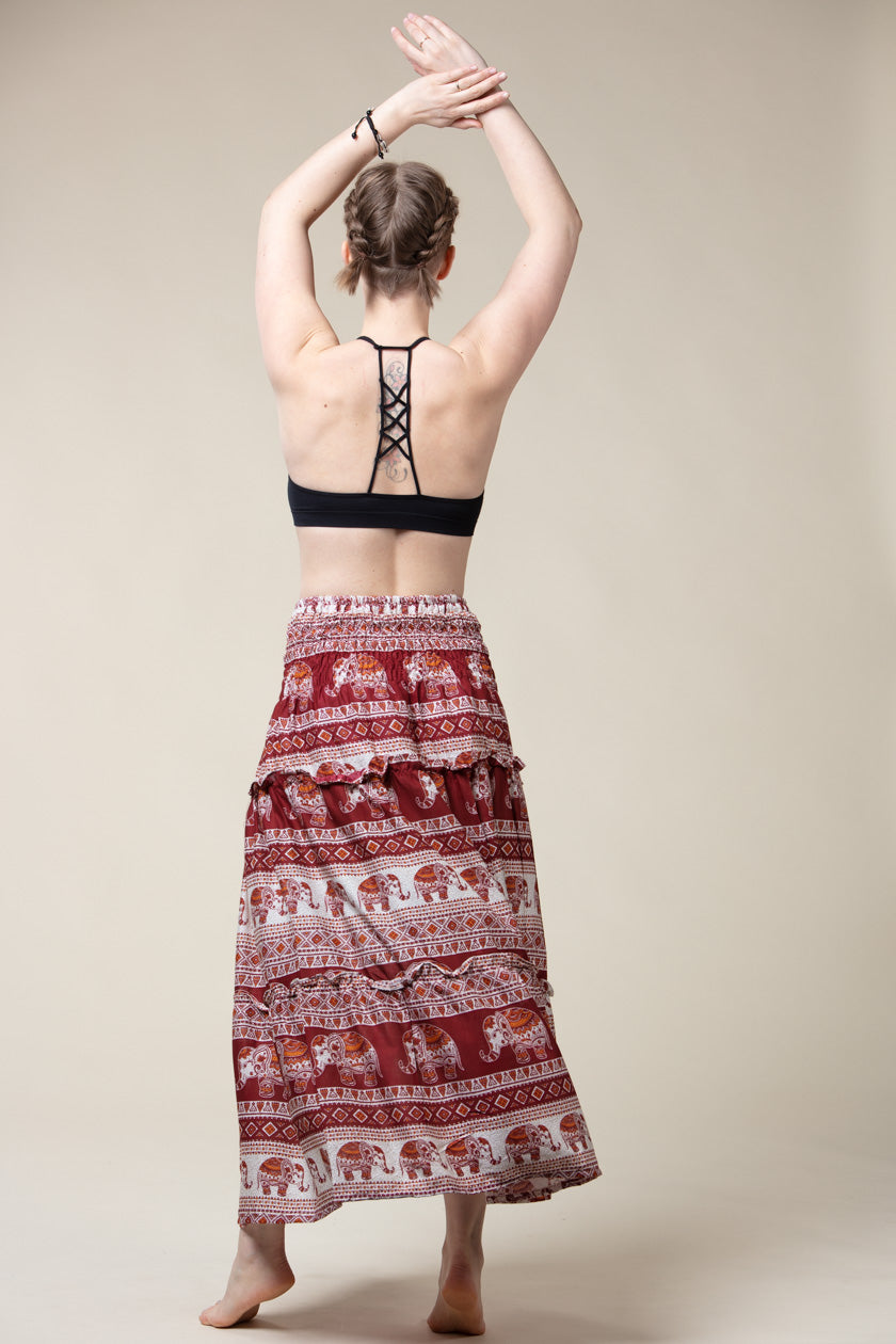 Aztec Elephant Red Artisan Maxi Skirt