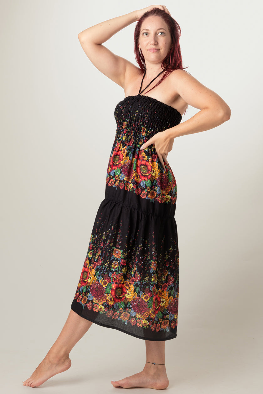 Floral Black Artisan Bandeau Midi Dress