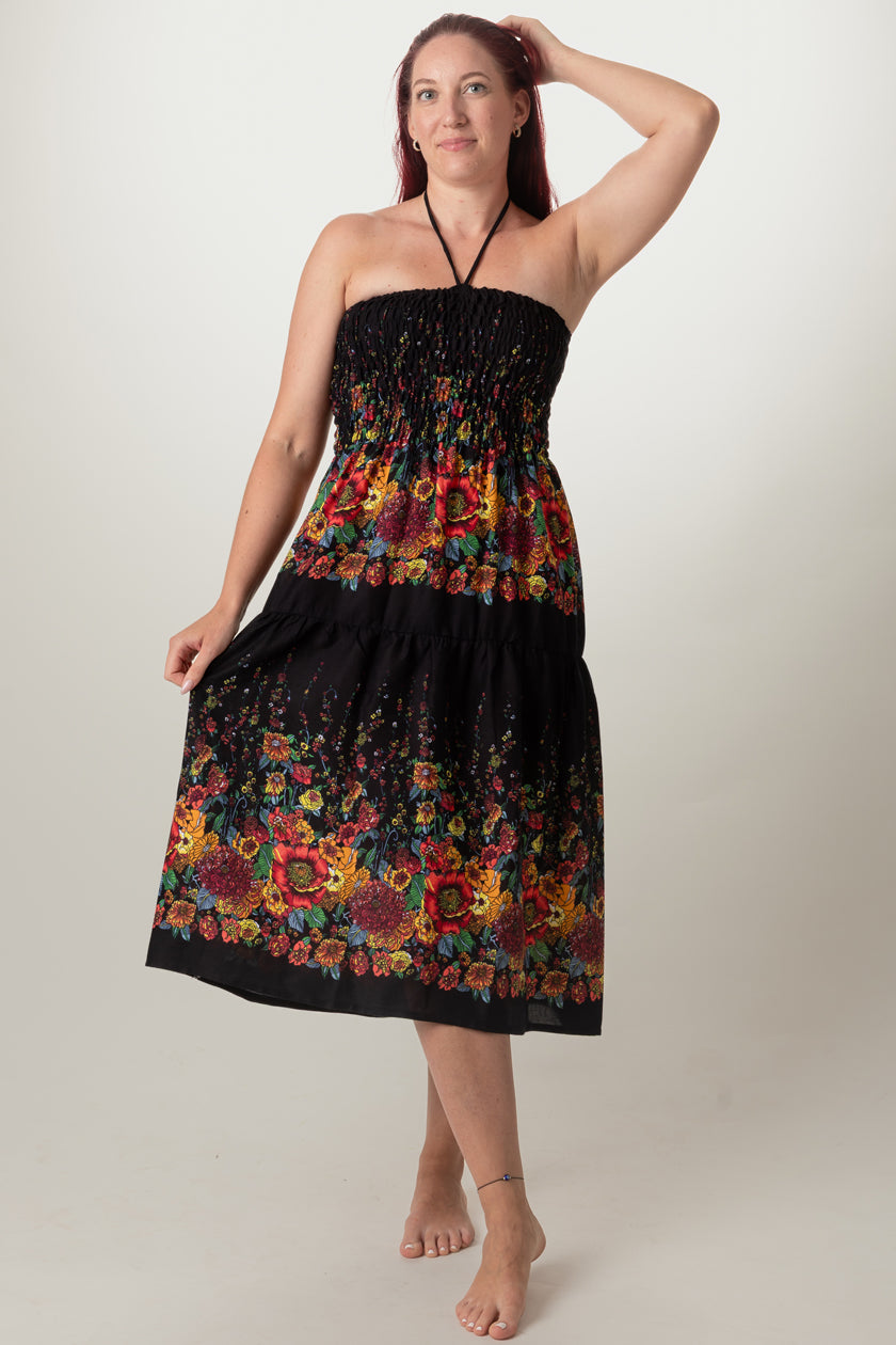 Floral Black Artisan Bandeau Midi Dress
