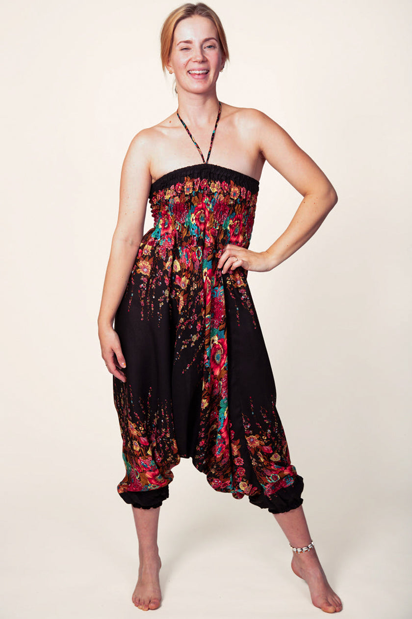 Floral Black Artisan Jumpsuit Harem Pants