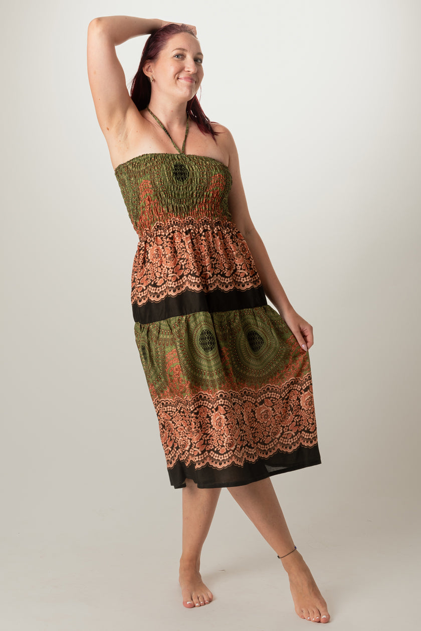 Mandala Olive Artisan Bandeau Midi Dress