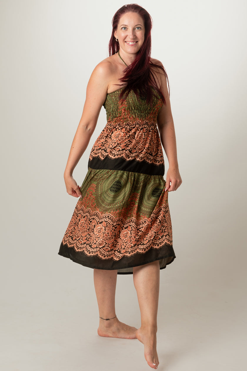 Mandala Olive Artisan Bandeau Midi Dress