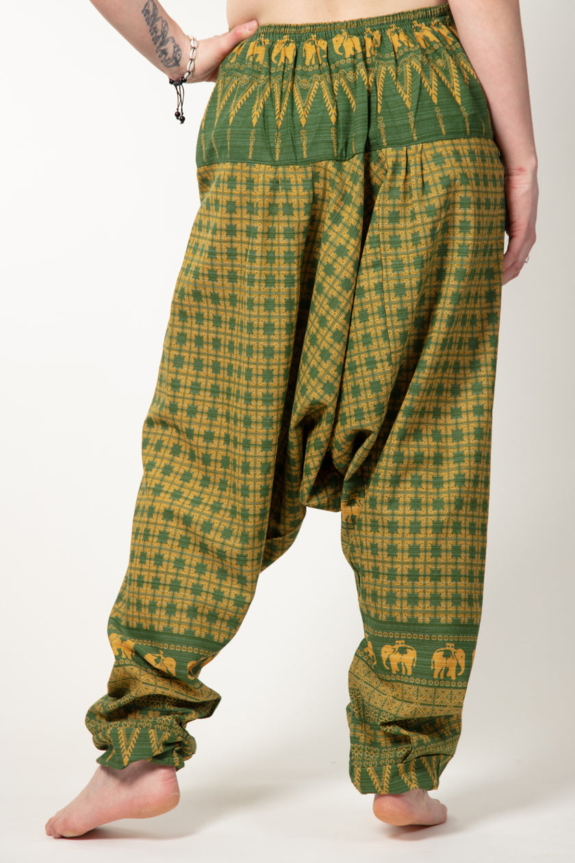 Elephant Green Yellow Hill Tribe Artisan Low Cut Harem Pants