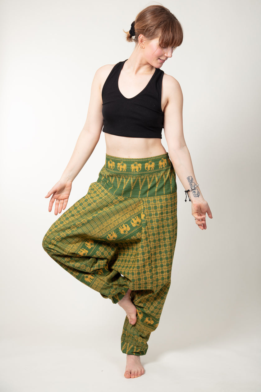 Elephant Green Yellow Hill Tribe Artisan Low Cut Harem Pants