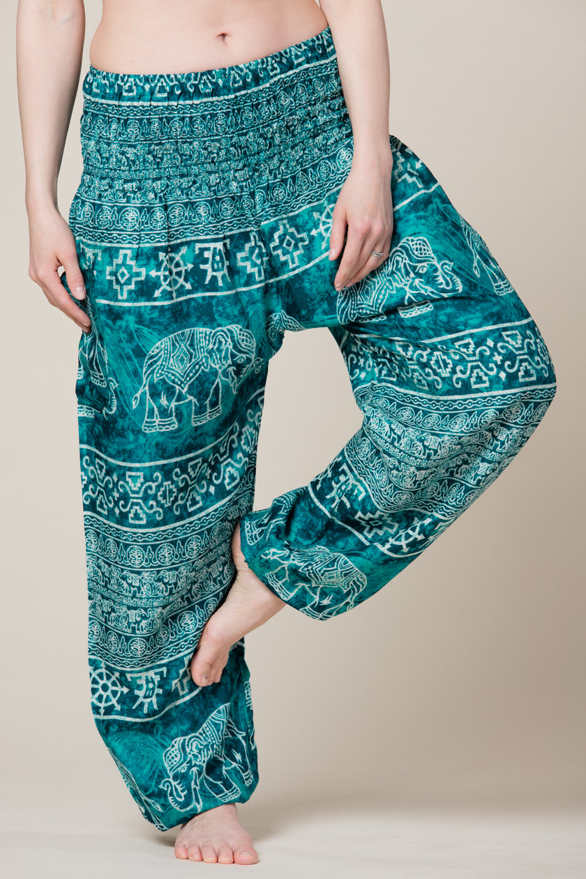 Teal Marble Elephants Artisan Harem Pants