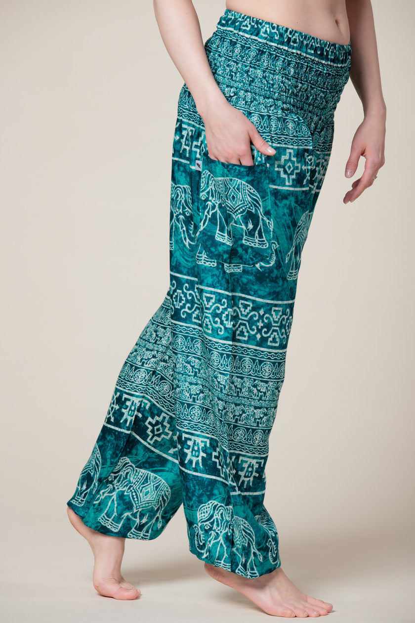 Teal Marble Elephants Artisan Harem Pants