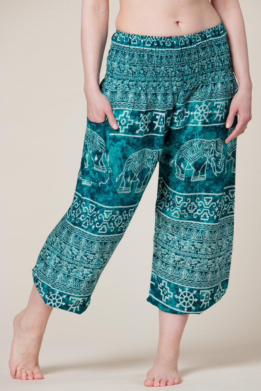 Teal Marble Elephants Artisan Harem Pants