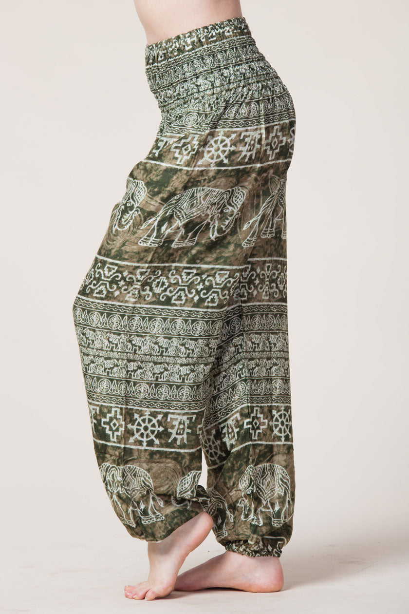 Olive Marble Elephants Artisan Harem Pants