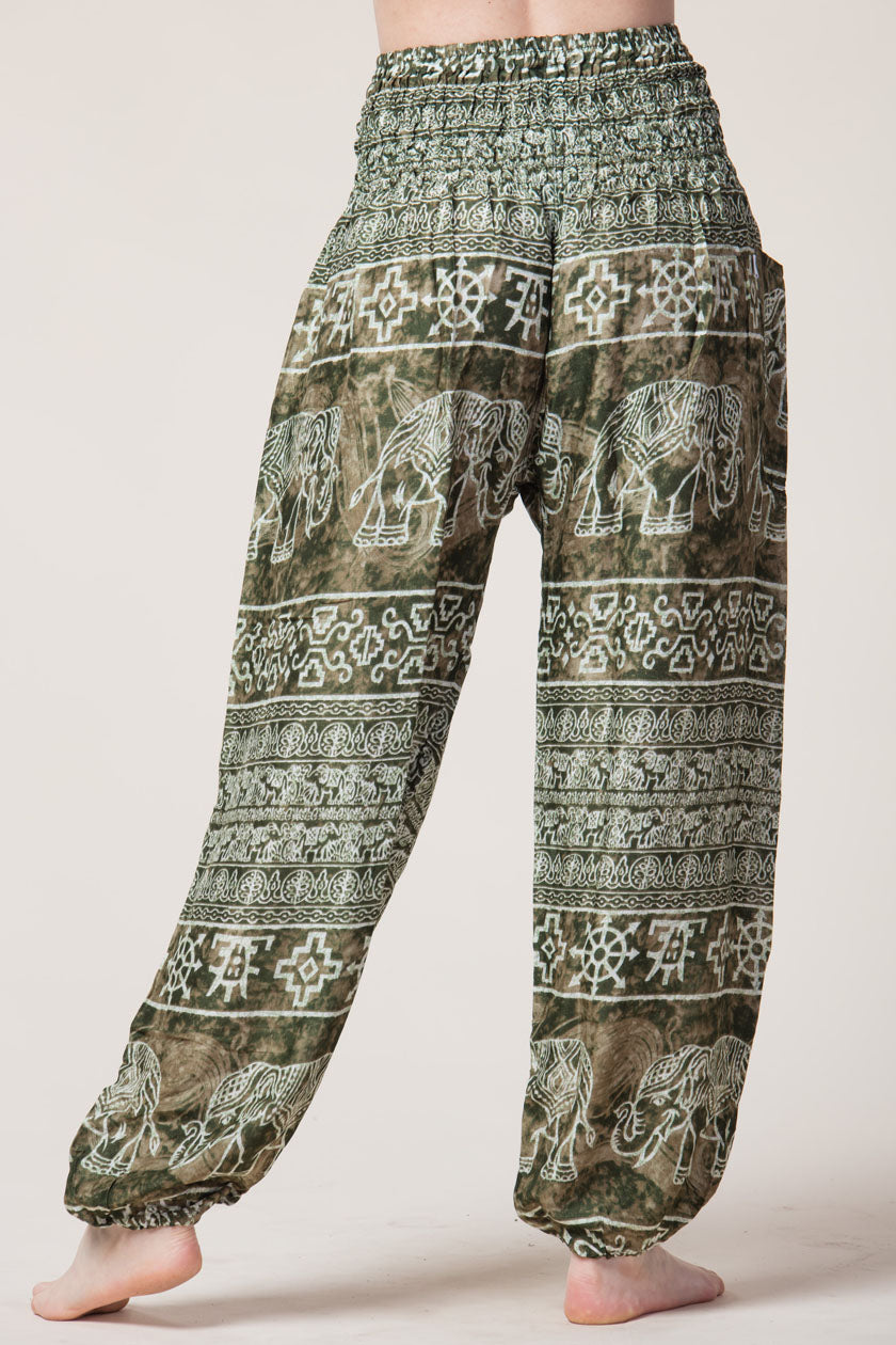 Olive Marble Elephants Artisan Harem Pants